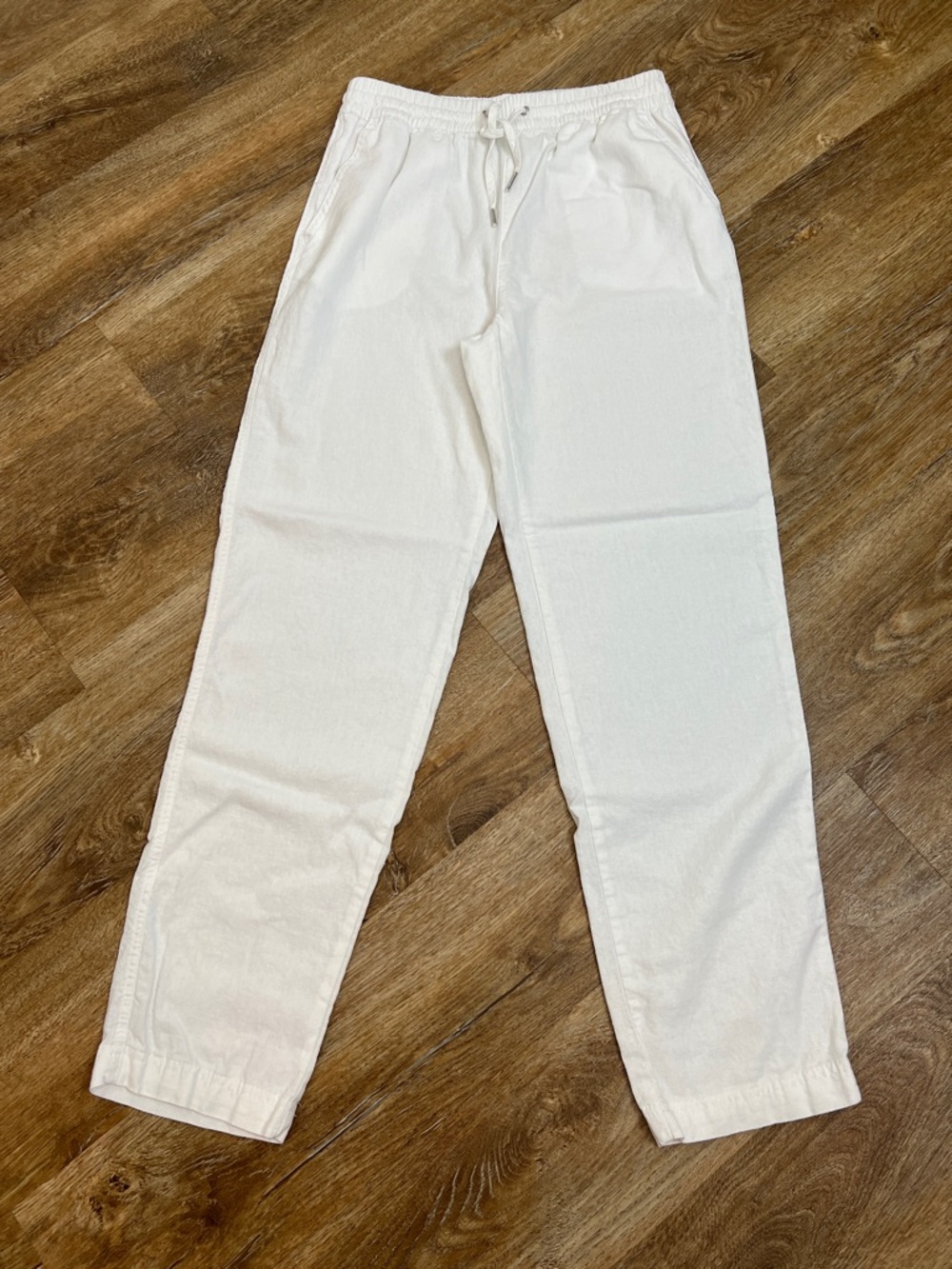Love Tree White Linen Blend Elastic Draw String Pants Size Small Front Pockets